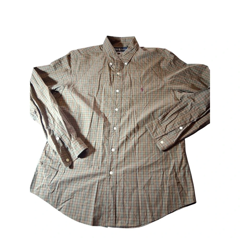 Ralph Lauren Mens Custom Fit Plaid Button Down Shirt Green Tan Red Large L